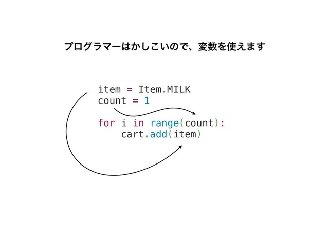 item = Item.MILK
count = 1
for i in range(count):
cart.add(item)
ϓϩάϥϚʔ͸͔͍͜͠ͷͰɺม਺Λ࢖͑·͢
