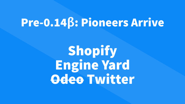 Shopify
Engine Yard
Odeo Twitter
Pre-0.14β: Pioneers Arrive
