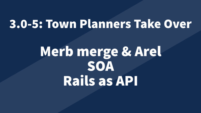 Merb merge & Arel
SOA
Rails as API
3.0-5: Town Planners Take Over
