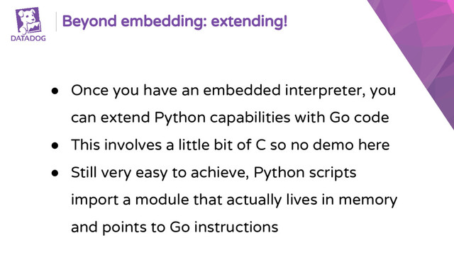Beyond embedding: extending!
● Once you have an embedded interpreter, you
can extend Python capabilities with Go code
● This involves a little bit of C so no demo here
● Still very easy to achieve, Python scripts
import a module that actually lives in memory
and points to Go instructions
