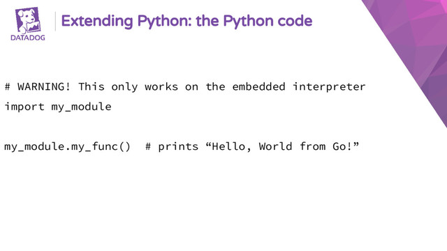 Extending Python: the Python code
# WARNING! This only works on the embedded interpreter
import my_module
my_module.my_func() # prints “Hello, World from Go!”
