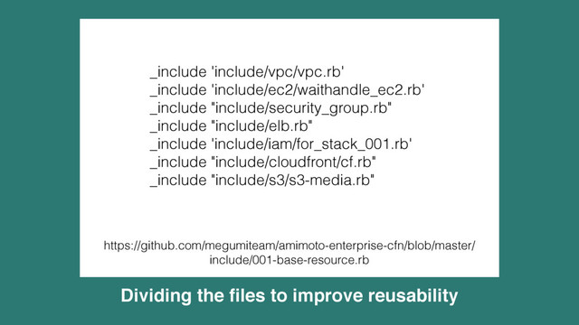 Dividing the ﬁles to improve reusability
_include 'include/vpc/vpc.rb'
_include 'include/ec2/waithandle_ec2.rb'
_include "include/security_group.rb"
_include "include/elb.rb"
_include 'include/iam/for_stack_001.rb'
_include "include/cloudfront/cf.rb"
_include "include/s3/s3-media.rb"
https://github.com/megumiteam/amimoto-enterprise-cfn/blob/master/
include/001-base-resource.rb
