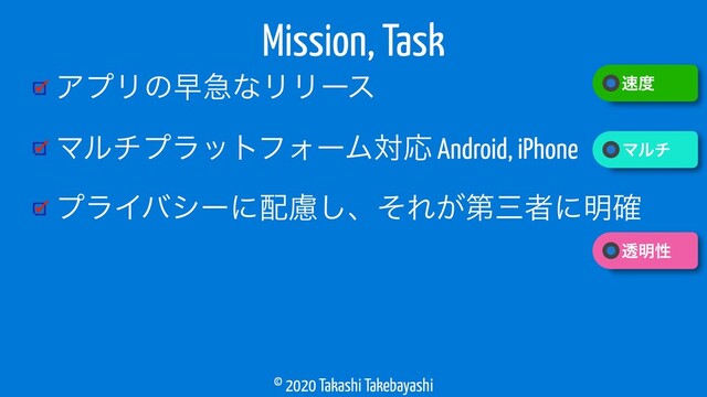 © 2020 Takashi Takebayashi
ΞϓϦͷૣٸͳϦϦʔε
ϚϧνϓϥοτϑΥʔϜରԠ Android, iPhone
ϓϥΠόγʔʹ഑ྀ͠ɺͦΕ͕ୈࡾऀʹ໌֬
Mission, Task
଎౓
ɹϚϧν
ɹಁ໌ੑ
