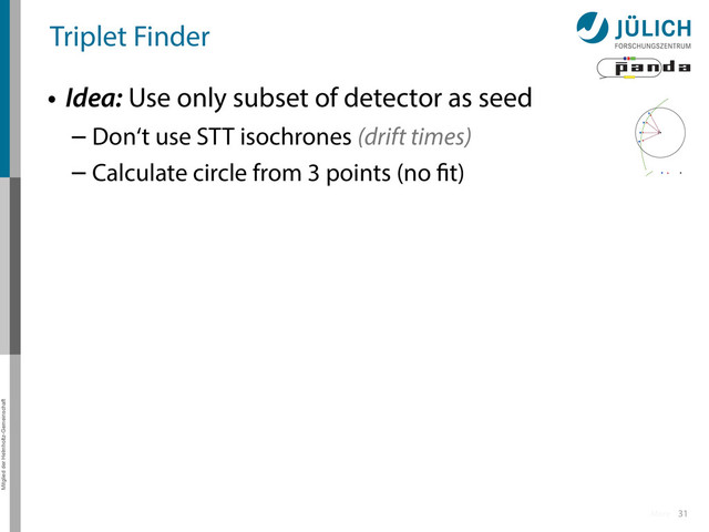 Mitglied der Helmholtz-Gemeinschaft
31
Triplet Finder
• Idea: Use only subset of detector as seed
– Don‘t use STT isochrones (drift times)
– Calculate circle from 3 points (no fit)
More
