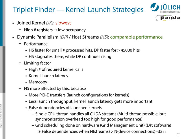 Mitglied der Helmholtz-Gemeinschaft
Triplet Finder — Kernel Launch Strategies
• Joined Kernel (JK): slowest
– High # registers → low occupancy
• Dynamic Parallelism (DP) / Host Streams (HS): comparable performance
– Performance
• HS faster for small # processed hits, DP faster for > 45000 hits
• HS stagnates there, while DP continues rising
– Limiting factor
• High # of required kernel calls
• Kernel launch latency
• Memcopy
– HS more aﬀected by this, because
• More PCI-E transfers (launch configurations for kernels)
• Less launch throughput, kernel launch latency gets more important
• False dependencies of launched kernels
– Single CPU thread handles all CUDA streams (Multi-thread possible, but
synchronization overhead too high for good performance)
– Grid scheduling done on hardware (Grid Management Unit) (DP: software)
» False dependencies when N(streams) > N(device connections)=323.5
57
Back
