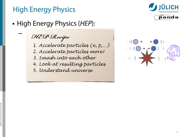 Mitglied der Helmholtz-Gemeinschaft
High Energy Physics
• High Energy Physics (HEP):
–
3
HEP Recipe
1. Accelerate particles (e, p,…)
2. Accelerate particles more!
3. Smash into each other
4. Look at resulting particles
5. Understand universe
E=mc2
