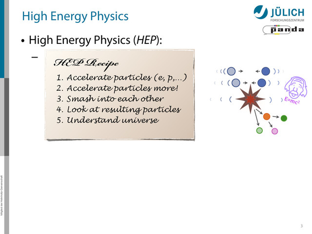 Mitglied der Helmholtz-Gemeinschaft
High Energy Physics
• High Energy Physics (HEP):
–
3
HEP Recipe
1. Accelerate particles (e, p,…)
2. Accelerate particles more!
3. Smash into each other
4. Look at resulting particles
5. Understand universe
E=mc2
