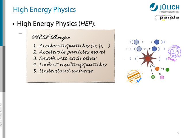 Mitglied der Helmholtz-Gemeinschaft
High Energy Physics
• High Energy Physics (HEP):
–
3
HEP Recipe
1. Accelerate particles (e, p,…)
2. Accelerate particles more!
3. Smash into each other
4. Look at resulting particles
5. Understand universe
✓
E=mc2
