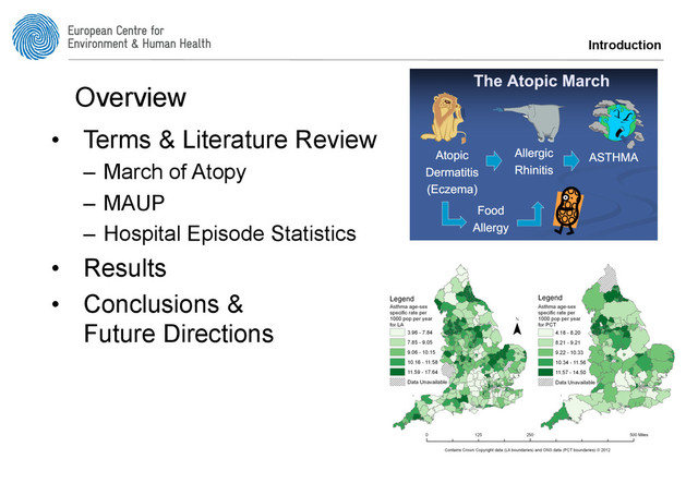 Introduction
Overview
•  Terms & Literature Review
–  March of Atopy
–  MAUP
–  Hospital Episode Statistics
•  Results
•  Conclusions &
Future Directions
