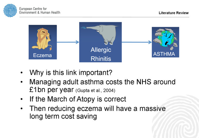 Literature Review
•  Why is this link important?
•  Managing adult asthma costs the NHS around
£1bn per year (Gupta et al., 2004)
•  If the March of Atopy is correct
•  Then reducing eczema will have a massive
long term cost saving
