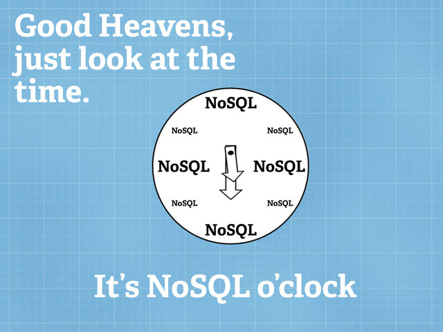 Good Heavens,
just look at the
time.
It’s NoSQL o’clock
NoSQL
NoSQL NoSQL
NoSQL
NoSQL NoSQL
NoSQL
NoSQL
