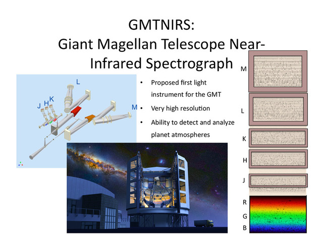 GMTNIRS:	  
Giant	  Magellan	  Telescope	  Near-­‐
Infrared	  Spectrograph	  
•  Proposed	  ﬁrst	  light	  
instrument	  for	  the	  GMT	  
•  Very	  high	  resolu/on	  
•  Ability	  to	  detect	  and	  analyze	  
planet	  atmospheres	  
J	  
H	  
K	  
L	  
M
R	  
B	  
G	  
