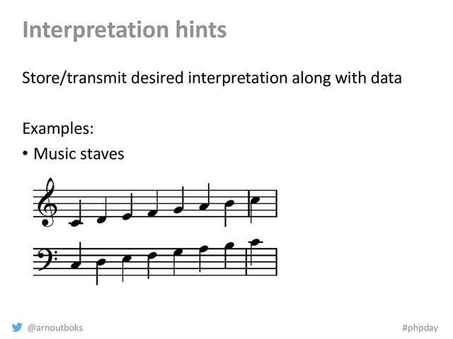 @arnoutboks #phpday
Interpretation hints
Store/transmit desired interpretation along with data
Examples:
• Music staves
