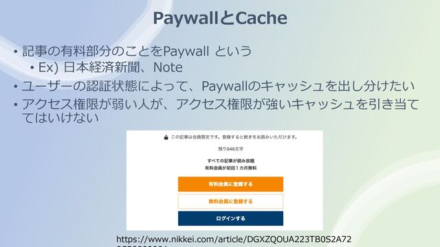 PaywallとCache
• 記事の有料部分のことをPaywall という
• Ex) ⽇本経済新聞、Note
• ユーザーの認証状態によって、Paywallのキャッシュを出し分けたい
• アクセス権限が弱い⼈が、アクセス権限が強いキャッシュを引き当て
てはいけない
https://www.nikkei.com/article/DGXZQOUA223TB0S2A72
