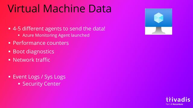 Virtual Machine Data
▪ 4-5 different agents to send the data!
▪ Azure Monitoring Agent launched
▪ Performance counters
▪ Boot diagnostics
▪ Network traffic
▪ Event Logs / Sys Logs
▪ Security Center
