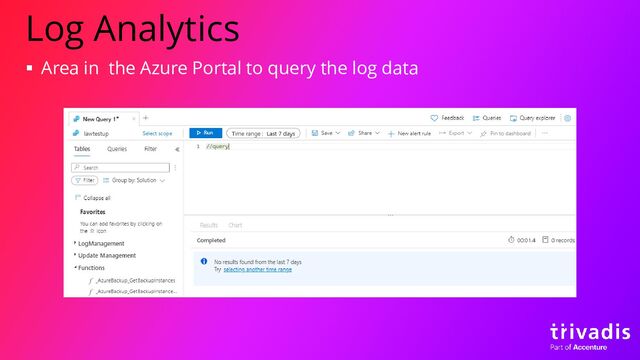 Log Analytics
▪ Area in the Azure Portal to query the log data
