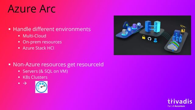 Azure Arc
▪ Handle different environments
▪ Multi-Cloud
▪ On-prem resources
▪ Azure Stack HCI
▪ Non-Azure resources get resourceId
▪ Servers (& SQL on VM)
▪ K8s Clusters
▪ →
