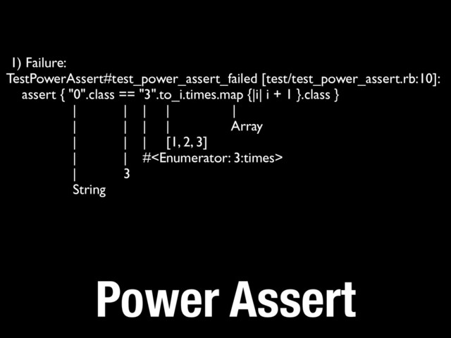 1) Failure:	

TestPowerAssert#test_power_assert_failed [test/test_power_assert.rb:10]:	

assert { "0".class == "3".to_i.times.map {|i| i + 1 }.class }	

| | | | |	

| | | | Array	

| | | [1, 2, 3]	

| | #	

| 3	

String
Power Assert
