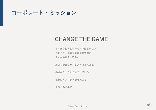 CHANGE THE GAME
日本から世界的サービスは生まれない
ベンチャーは大企業には勝てない
そんなのは思い込みだ
歴史を変えたサービスのほとんどは
小さなチームから生まれている
世界にインパクトを与えよう
自分たちの手で
コーポレート・ミッション
05.
Donuts Co. Ltd. | 2021
