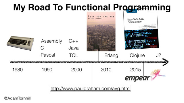 Clojure
@AdamTornhill
My Road To Functional Programming
1980 1990 2000 2010 2015
Assembly
C
Pascal
C++
Java
TCL
http://www.paulgraham.com/avg.html
Erlang J?
