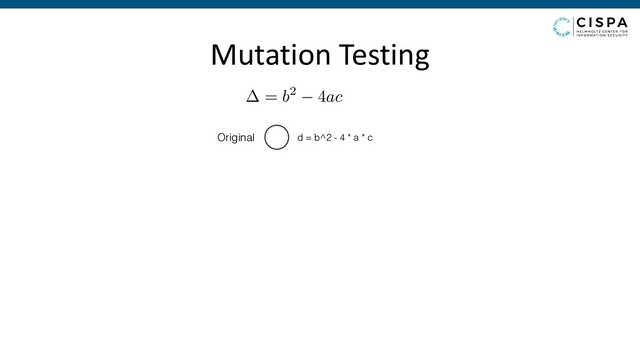 d = b^2 - 4 * a * c
Original
= b2 4ac
Mutation Testing
