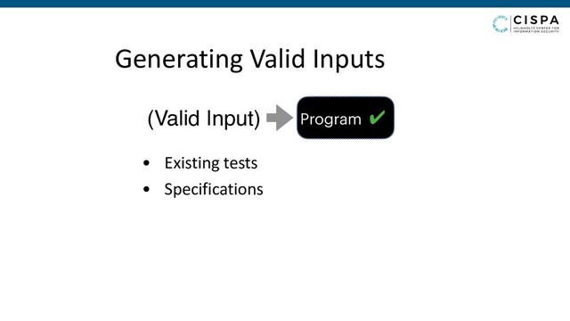 Generating Valid Inputs
• Existing tests
• Specifications
Program ✔
(Valid Input)
