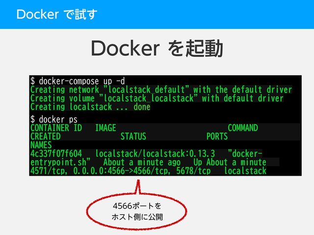 %PDLFSͰࢼ͢
%PDLFSΛىಈ
$ docker-compose up -d
Creating network "localstack_default" with the default driver
Creating volume "localstack_localstack" with default driver
Creating localstack ... done
$ docker ps
CONTAINER ID IMAGE COMMAND
CREATED STATUS PORTS
NAMES
4c337f07f604 localstack/localstack:0.13.3 "docker-
entrypoint.sh" About a minute ago Up About a minute
4571/tcp, 0.0.0.0:4566->4566/tcp, 5678/tcp localstack
ϙʔτΛ
ϗετଆʹެ։
