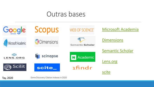 Outras bases
Microsoft Academia
Dimensions
Semantic Scholar
Lens.org
scite
Tay, 2020
