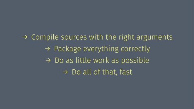 → Compile sources with the right arguments
→ Package everything correctly
→ Do as little work as possible
→ Do all of that, fast
