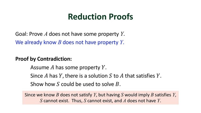 Reduction Proofs
Goal: Prove A does not have some property Y.
We already know B does not have property Y.
Proof by Contradiction:
Assume ! has some property ".
Since ! has ", there is a solution $ to ! that satisfies ".
Show how $ could be used to solve %.
Since we know B does not satisfy Y, but having S would imply B satisfies Y,
S cannot exist. Thus, S cannot exist, and A does not have Y.
