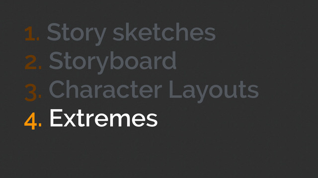 !
2. Storyboard
!
!
!
!
3. Character Layouts
!
!
!
!
4. Extremes
1. Story sketches
!
!
!
