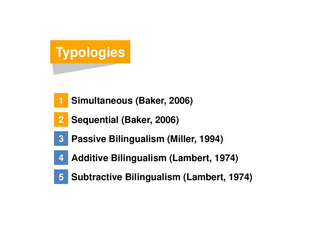 Typologies
1 Simultaneous (Baker, 2006)
2 Sequential (Baker, 2006)
3 Passive Bilingualism (Miller, 1994)
4 Additive Bilingualism (Lambert, 1974)
5 Subtractive Bilingualism (Lambert, 1974)
