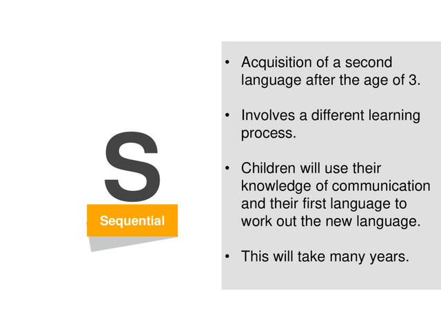 Sequential
• Acquisition of a second
language after the age of 3.
• Involves a different learning
process.
• Children will use their
knowledge of communication
and their first language to
work out the new language.
• This will take many years.
S
