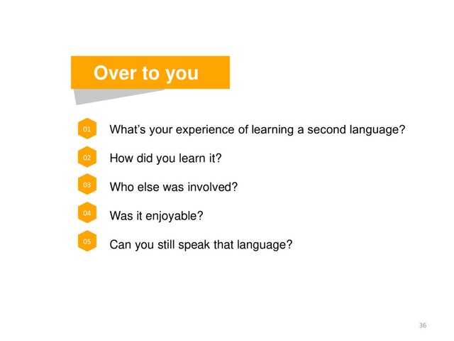 What’s your experience of learning a second language?
How did you learn it?
Who else was involved?
Was it enjoyable?
Can you still speak that language?
36
Over to you
01
02
03
04
05
