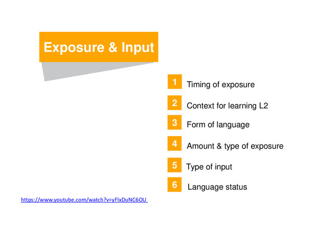 Exposure & Input
Amount & type of exposure
3
4
2
6
5
1
Type of input
Form of language
Context for learning L2
Timing of exposure
Language status
https://www.youtube.com/watch?v=yFlxDuNC6OU
