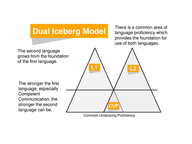 Dual Iceberg Model
L1 L2
CUP
Common Underlying Proficiency
The second language
grows from the foundation
of the first language.
There is a common area of
language proficiency which
provides the foundation for
use of both languages.
The stronger the first
language, especially
Competent
Communication, the
stronger the second
language can be.
