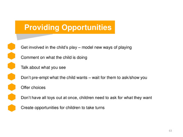 63
Providing Opportunities
Get involved in the child’s play – model new ways of playing
Comment on what the child is doing
Talk about what you see
Don’t pre-empt what the child wants – wait for them to ask/show you
Offer choices
Don’t have all toys out at once, children need to ask for what they want
Create opportunities for children to take turns

