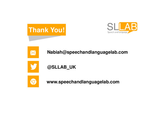 Thank You!
Nabiah@speechandlanguagelab.com
@SLLAB_UK
www.speechandlanguagelab.com
