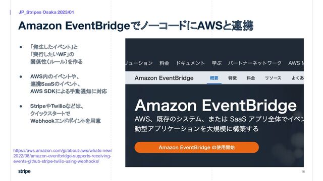 Amazon EventBridgeでノーコードにAWSと連携
● 「発生したイベント」と
「実行したいWF」の
関係性（ルール）を作る
● AWS内のイベントや、
連携SaaSのイベント、
AWS SDKによる手動通知に対応
● StripeやTwilioなどは、
クイックスタートで
Webhookエンドポイントを用意
16
JP_Stripes Osaka 2023/01
https://aws.amazon.com/jp/about-aws/whats-new/
2022/08/amazon-eventbridge-supports-receiving-
events-github-stripe-twilio-using-webhooks/
