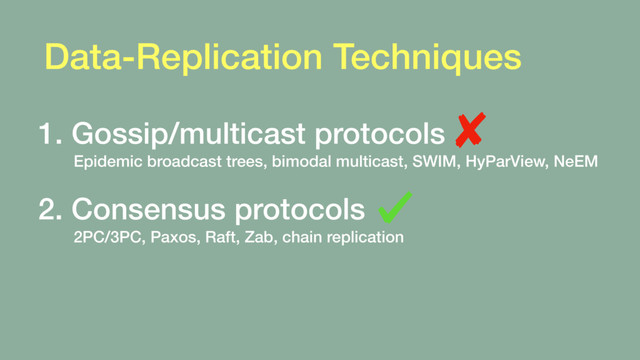 Data-Replication Techniques
1. Gossip/multicast protocols
Epidemic broadcast trees, bimodal multicast, SWIM, HyParView, NeEM 
2. Consensus protocols
2PC/3PC, Paxos, Raft, Zab, chain replication
