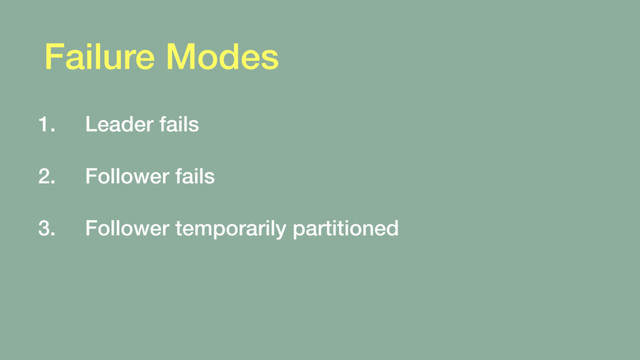 Failure Modes
1. Leader fails 
2. Follower fails 
3. Follower temporarily partitioned
