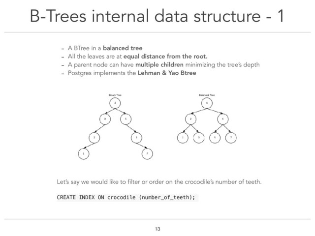 B-Trees internal data structure - 1
!13
- A BTree in a balanced tree
- All the leaves are at equal distance from the root.
- A parent node can have multiple children minimizing the tree’s depth
- Postgres implements the Lehman & Yao Btree
Let’s say we would like to filter or order on the crocodile’s number of teeth.
CREATE INDEX ON crocodile (number_of_teeth);
