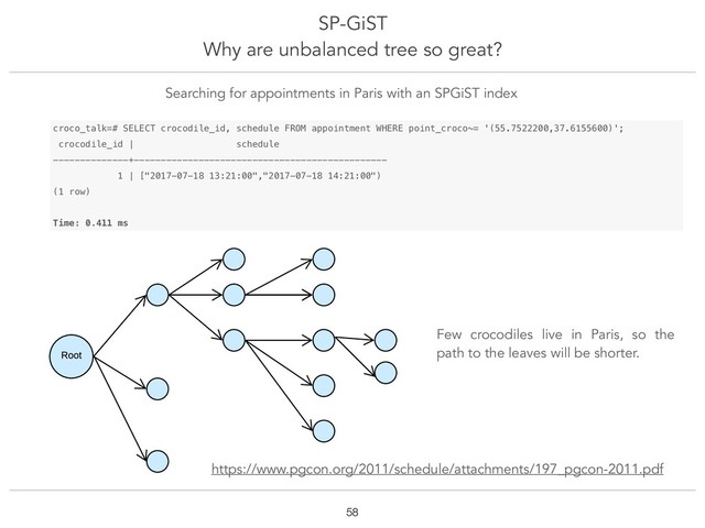 Root
SP-GiST
Why are unbalanced tree so great?
!58
Searching for appointments in Paris with an SPGiST index
croco_talk=# SELECT crocodile_id, schedule FROM appointment WHERE point_croco~= '(55.7522200,37.6155600)';
crocodile_id | schedule
--------------+-----------------------------------------------
1 | ["2017-07-18 13:21:00","2017-07-18 14:21:00")
(1 row)
Time: 0.411 ms
Few crocodiles live in Paris, so the
path to the leaves will be shorter.
https://www.pgcon.org/2011/schedule/attachments/197_pgcon-2011.pdf
