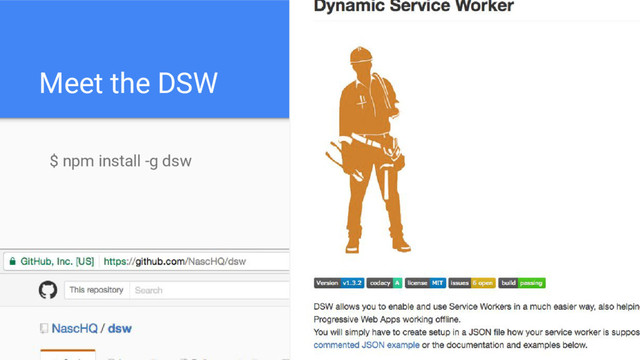 Meet the DSW
$ npm install -g dsw
