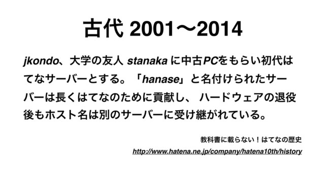 ݹ୅ 2001ʙ2014
jkondoɺେֶͷ༑ਓ stanaka ʹதݹPCΛ΋Β͍ॳ୅͸
ͯͳαʔόʔͱ͢Δɻʮhanaseʯͱ໊෇͚ΒΕͨαʔ
όʔ͸௕͘͸ͯͳͷͨΊʹߩݙ͠ɺ ϋʔυ΢ΣΞͷୀ໾
ޙ΋ϗετ໊͸ผͷαʔόʔʹड͚ܧ͕Ε͍ͯΔɻ
ڭՊॻʹࡌΒͳ͍ʂ͸ͯͳͷྺ࢙ 
http://www.hatena.ne.jp/company/hatena10th/history

