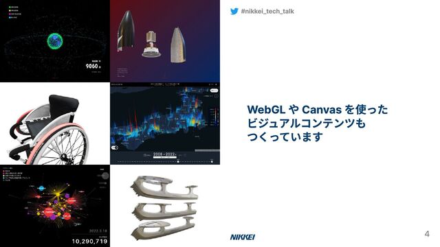 WebGL や Canvas を使った
ビジュアルコンテンツも
つくっています
#nikkei_tech_talk
4
