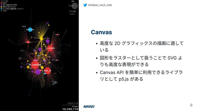 Canvas
高度な 2D グラフィックスの描画に適して
いる
図形をラスターとして扱うことで SVG よ
りも高度な表現ができる
Canvas API を簡単に利用できるライブラ
リとして p5.js がある
#nikkei_tech_talk
9
