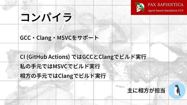 コンパイラ
GCC・Clang・MSVCをサポート
CI (GitHub Actions) ではGCCとClangでビルド実行
私の手元ではMSVCでビルド実行
相方の手元ではClangでビルド実行
主に相方が担当
