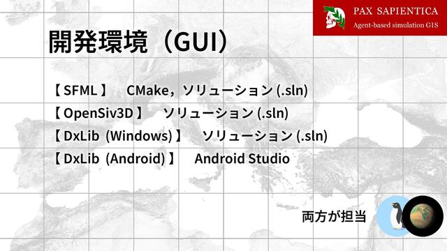 開発環境（GUI）
【 SFML 】 CMake，ソリューション (.sln)
【 OpenSiv3D 】 ソリューション (.sln)
【 DxLib (Windows) 】 ソリューション (.sln)
【 DxLib (Android) 】 Android Studio
両方が担当
