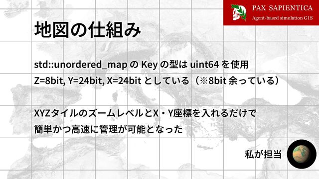 地図の仕組み
std::unordered_map の Key の型は uint64 を使用
Z=8bit, Y=24bit, X=24bit としている（※8bit 余っている）
XYZタイルのズームレベルとX・Y座標を入れるだけで
簡単かつ高速に管理が可能となった
私が担当
